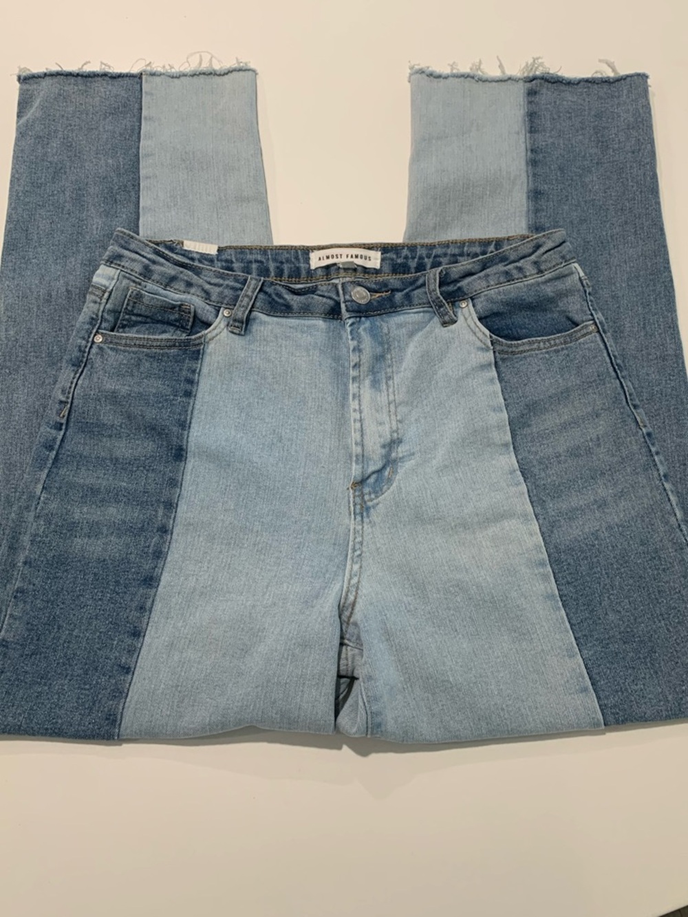 Almost Famous Two Tone Panel Light & Medium Blue Straight Leg Mom Jeans, 13